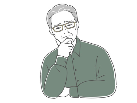 悩んで頬杖をつく年配の男性 男性,シニア,年配,考える,人物,悩む,葛藤,苦悩,決めかねる,気に病むのイラスト素材