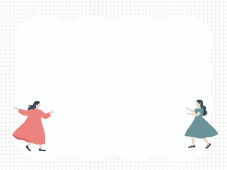 踊る二人の女性のフレーム 踊る二人の女性のフレーム 踊る,女性,女の子,女子,二人組,二人,ワンピース,まわる,ダンス,ロングヘアーのイラスト素材