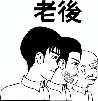 老後思う　 老後,未来,人生,思う,青年,中年,老人,男性,横顔,漢字のイラスト素材