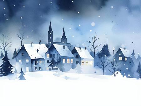 Illustration, frame, winter, townscape, 