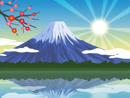 初日の出の富士山 富士山,初日の出,冬,正月,朝,風景,景色,雲,梅の花,湖のイラスト素材