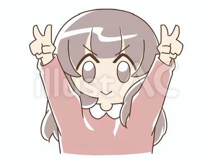 両手でピースを掲げる凛々しい顔の女性