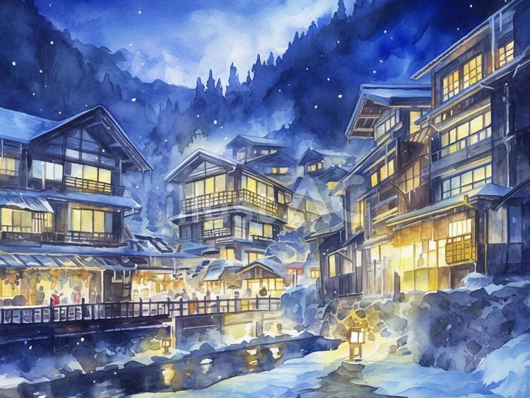 歴史ある温泉街の趣のある夜の風景。イラスト - No: 25743164｜無料