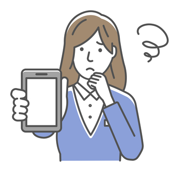 スマホの画面と女性会社員イラスト 女性,人物,ol,女性社員,スマホ,会社員,日本人,悩む,困る,アジア人のイラスト素材