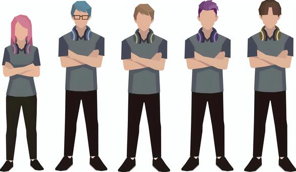 腕を組み並ぶEスポーツ選手のイラスト eスポーツ,プロゲーマー,選手,チーム,仲間,団体,ユニフォーム,ヘッドセット,ヘッドホン,ゲームのイラスト素材