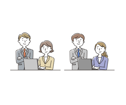 パソコンの前に座る会社員の男女_02 会社員,社員,ビジネスマン,ビジネスウーマン,男性,女性,パソコン,男女,新入社員,派遣社員のイラスト素材