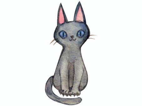 【水彩】青い目の黒猫ちゃん  猫,黒猫,動物,キャラクター,あしらい,レトロ,ヴィンテージ,クラシック,クラシカル,ファンタジーのイラスト素材