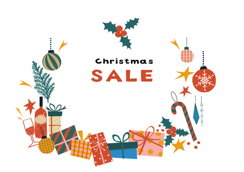 クリスマス素材、セールフレーム クリスマス,手描き,フレーム,セール,プレゼントボックス,クリスマスボール,プレゼント,ステッキ,シャンパン,グラスのイラスト素材