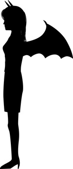 悪魔女性 横向き,悪魔,羽,女子,横顔,体系,ロングヘアー,若い,立ち姿,シルエットのイラスト素材