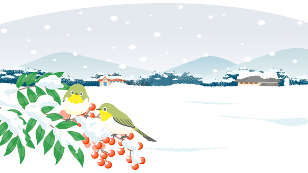 冬の日本の雪原風景のイラスト素材３ メジロ,鳥,南天,実,雪,雪景色,田園,田舎,風景,山のイラスト素材