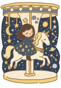 星と月いっぱいのメリーゴーランド メリーゴーランド,遊園地,女の子,人物,メルヘン,ファンタジー,ユニコーン,馬,動物,宇宙のイラスト素材