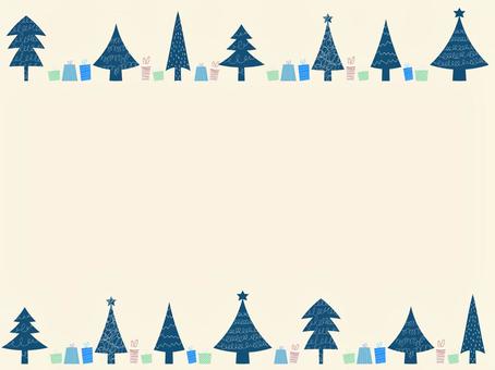 クリスマスツリーとギフトのフレーム1　青 クリスマス,冬,フレーム,クリスマスツリー,背景,星,キラキラ,テクスチャ,手描き,杉のイラスト素材