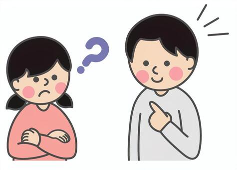 考える女の子と指し示す男性 女の子,児童,生徒,子供,腕組み,悩む,男性,もやもや,はてな,謎のイラスト素材