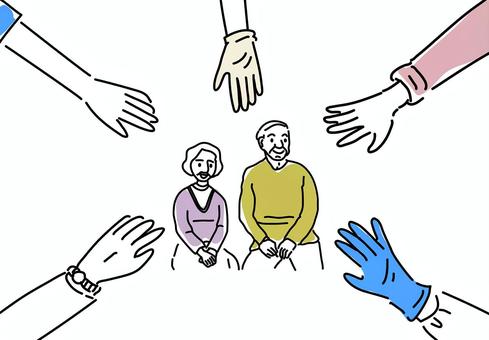 高齢者と介護を支える人々の手 高齢者,介護,協力,福祉サービス,ケアマネ,介護士,地域包括,多職種連携,ケアワーカー,福祉のイラスト素材