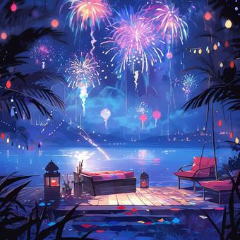 Illustration, summer, night, fireworks, 