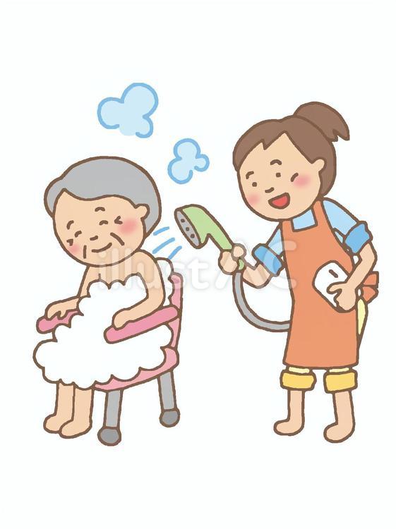入浴介助を受けているおばあちゃん おばあさん,ヘルパー,入浴のイラスト素材