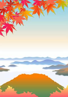 秋の紅葉の山と雲海 秋,紅葉,もみじ,山,雲海,景色,絶景,壁紙,バックグラウンド,イラストのイラスト素材