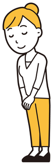 お団子主婦(黄)-433-全身  お団子主婦(黄)-433-全身 おじぎ,笑顔,女性,主婦,ママ,長袖,シャツ,半端袖,お団子,アップヘアのイラスト素材