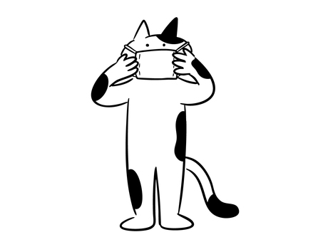 マスクをする猫（モノクロ） 猫,マスク,病気,感染症,風邪,予防,インフルエンザ,対策,衛生,花粉症のイラスト素材