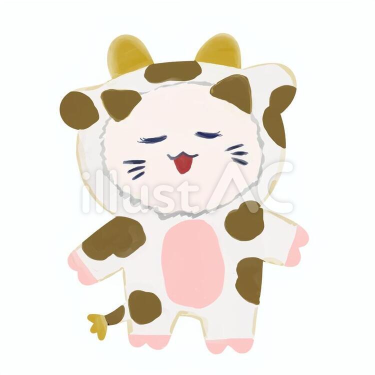 牛の着ぐるみ　かわいい猫　年賀状素材　茶 牛,年賀状素材,猫のイラスト素材