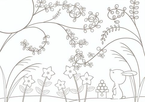 お月見の塗り絵 お月見,ウサギ,ススキ,月見団子,キキョウ,花,植物,萩,食べ物,月のイラスト素材