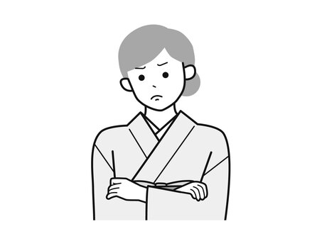 怒り眉の腕組み着物女性A左向／白黒 怒り,腕組み,ムッ,女性,お母さん,着物,講師,20代,30代,40代のイラスト素材
