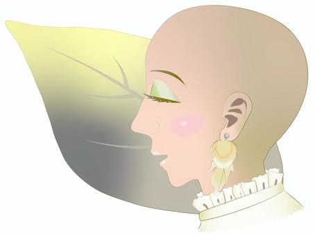 shaved head スキンヘッド,女,横顔,イヤリング,羽根,ブラウス,葉,アイシャドウ,メイク,おしゃれのイラスト素材