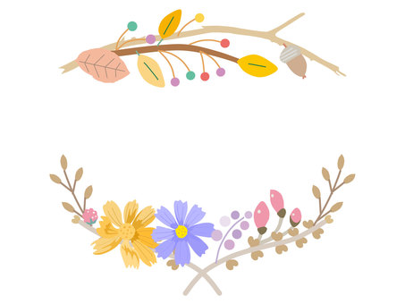 秋の飾り枠6＿コスモスと木の実 秋,花,コスモス,秋桜,木の実,葉っぱ,飾り枠,植物,枝,手描きのイラスト素材