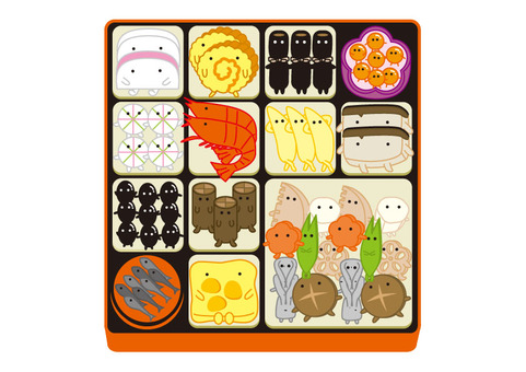 おせち料理＜おままごと/セット＞ お正月,おせち料理,顔つき,かまぼこ,伊達巻,昆布巻き,いくら,もち麩,えび,数の子のイラスト素材