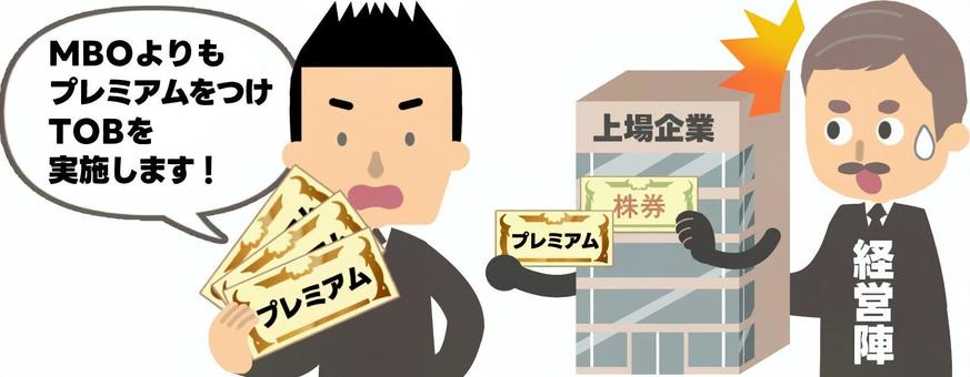 MBOに対抗しTOBを行う企業が現れる mbo,株,株式,非上場,非公開化,上場廃止,会長,ヒゲ,偉い人,tobのイラスト素材