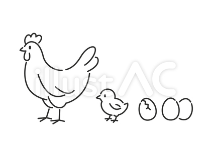 ニワトリとひよこと卵のイラスト 線