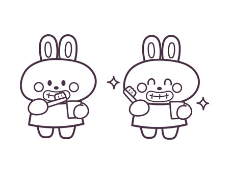 歯磨きするうさぎさん うさぎ,動物,歯磨き,歯,手描き,ベクター,アイコン,挿絵,かわいい,塗り絵のイラスト素材