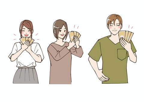 お金が手に入った人のセット お金,ゲット,売上,支払い,売る,収入,臨時収入,ボーナス,嬉しい,喜ぶのイラスト素材