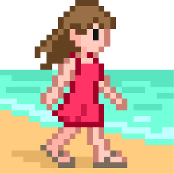 ドット絵のビーチを歩く赤服の少女です。 ドット絵,ビーチ,シンプル,ワンピース,少女,海岸,砂浜,波,夏,歩くのイラスト素材