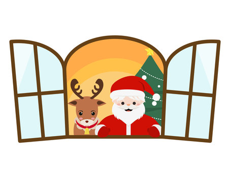 窓から顔を出すサンタクロースとトナカイ クリスマス,サンタクロース,トナカイ,かわいい,ツリー,クリスマスツリー,窓,冬,12月,１２月のイラスト素材
