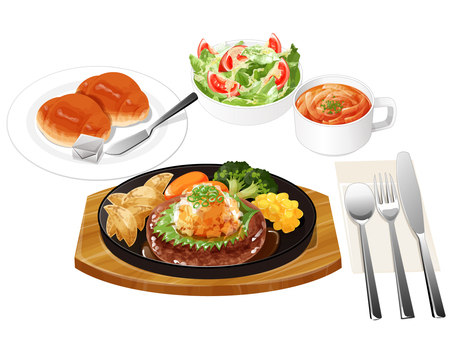 和風ハンバーグセット2 ハンバーグセット,和風ハンバーグ,ファミレス,料理,食べ物,ハンバーグ,大根おろし,オニオンスープ,サラダ,ロールパンのイラスト素材