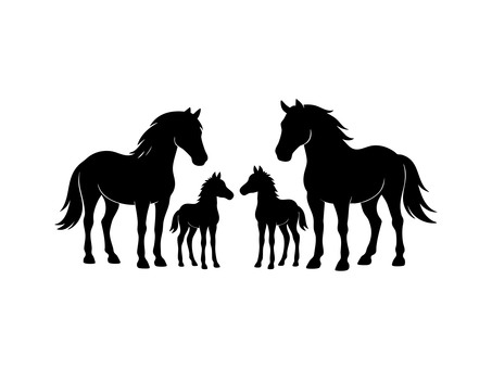 馬の家族を横から見たイメージイラスト 馬,家族,シルエット,動物,アニマル,黒,イメージ,シンプル,アイコンのイラスト素材