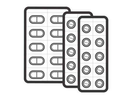 薬（錠剤カプセル・シート３枚）02-03 薬,カプセル,錠剤,ブリスターパック,ptpシート,薬局,病院,病気,治療,アイコンのイラスト素材