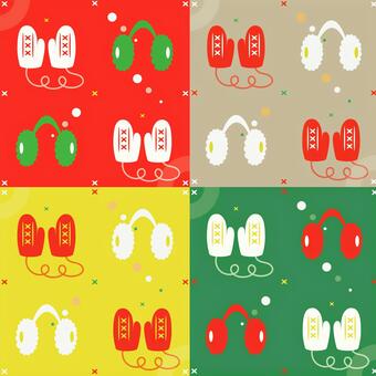 カラフルな背景に手袋とイヤーマフの柄 手袋,赤,イヤーマフ,緑,黄色,ベージュ,毛糸,手編み,背景,柄のイラスト素材