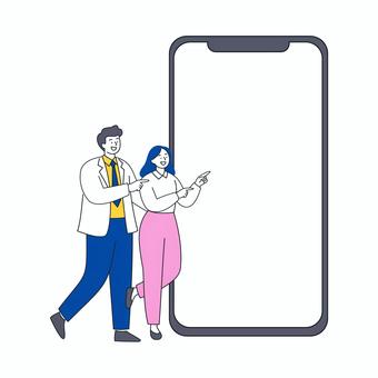 スマホ画面を指差す男女 スマホ画面を指差す男女 人物,スマホ,男性,女性,フレーム,指差し,笑顔,操作,案内,情報のイラスト素材