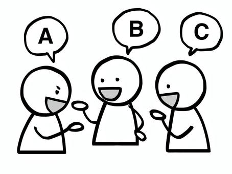 モノクロ棒人間　みんなそれぞれ違う意見 棒人間,人,3人,白黒,モノクロ,モノトーン,吹き出し,話し合い,セリフ,違うのイラスト素材