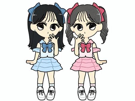 アイドル アイドル,女の子,二次元,推し活,ポーズ,かわいい,ユニット,グループ,ペア,2人組のイラスト素材