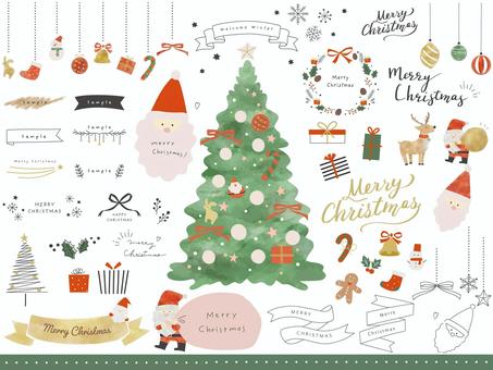 可愛いクリスマスイラストセット01 クリスマス,冬,フレーム,手描き,クリスマスツリー,サンタクロース,プレゼント,オーナメント,雪の結晶,ヒイラギのイラスト素材