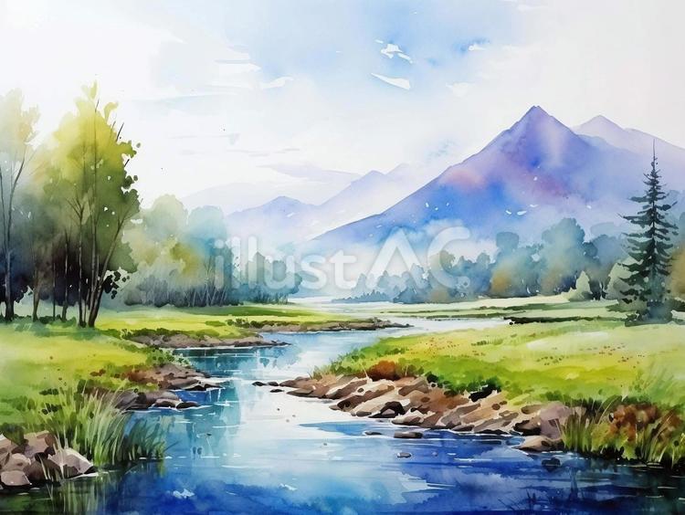 静かな川と周囲の山々の風景 山,川,自然のイラスト素材