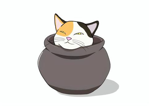猫と壺（三毛猫） 猫,ネコ,ねこ,三毛猫,cat,動物,ペット,手描き,かわいい,壺のイラスト素材