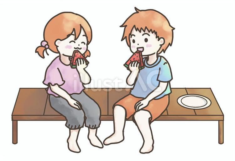 スイカを食べる男の子と女の子　水彩風 スイカ,食べる,フルーツのイラスト素材