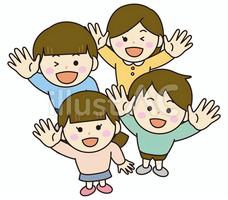 見上げて手を振るこども達【集合】 子ども,小学生,人物のイラスト素材