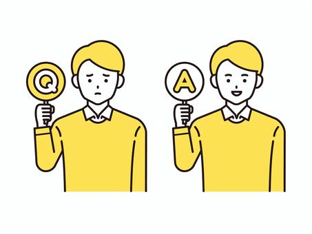 Q＆Aを持った私服姿の男性（黄色） 男性,qa,クエスチョン,アンサー,質問,疑問,問題,答え,解答,回答のイラスト素材
