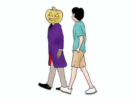 ねぇ、年中その格好なの？ 人物,高校生,男の子,おなけ,カボチャ,ハロウィン,全身,手書き,歩くのイラスト素材
