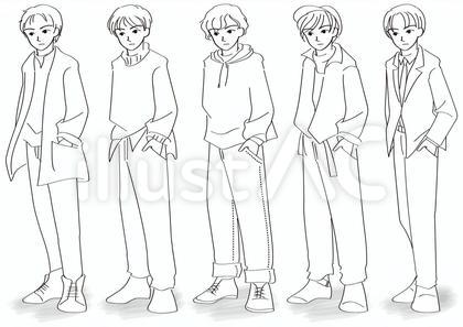 若い男性5人のバリエーション(モノクロ)